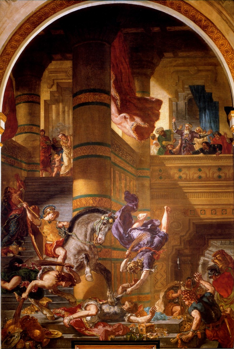 1854 1861 Eugene Delacroix Heliodore chasse du Temple, Huile sur Toile, huile et cire au mur, 7,51x4,85 cm.jpg